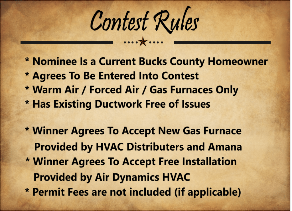 Air Dynamics HVAC | HVAC Discounts | Residential HVAC | Free Furnace Contest | Nominate In Need | Air Dynamics Contest | Nominate A Neighbor Contest Bucks County | Free Gas Furnace Contest | Free Heater Giveaway Bucks County